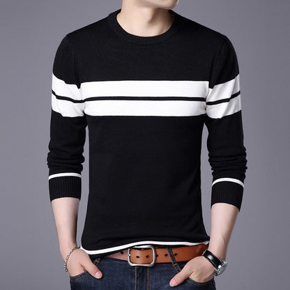 Knitted Sweater Round Neck Long Sleeve Pullover Stripe Patchwork