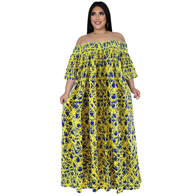 Off Shoulder Plus Size Long Dress With Belt - Azahshopping