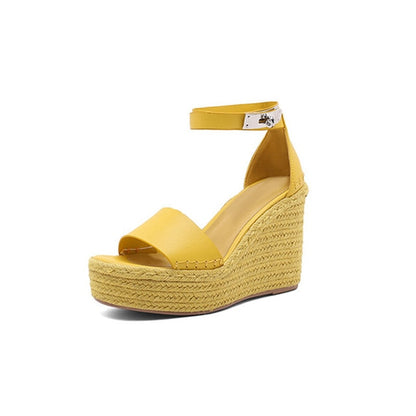 Leather Straw Thick Bottom Super High Heel Wedge